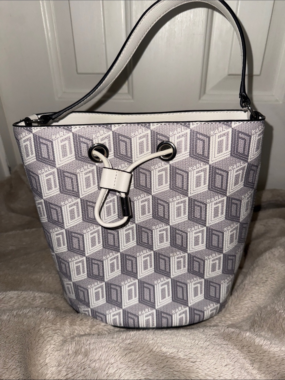 Karl Lagerfeld White & Gray Monogram Bucket Bag